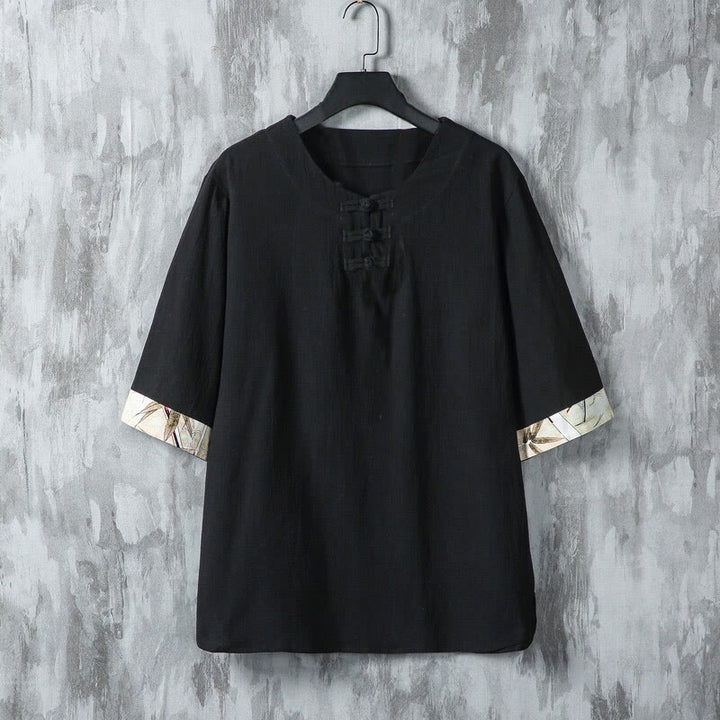 Camisa de lino para hombre de media manga con botones de rana y hojas de bambú amarillas de verano con Buddha Stones - Negro - US/UK/AU46, EU56 (5XL) - image 6