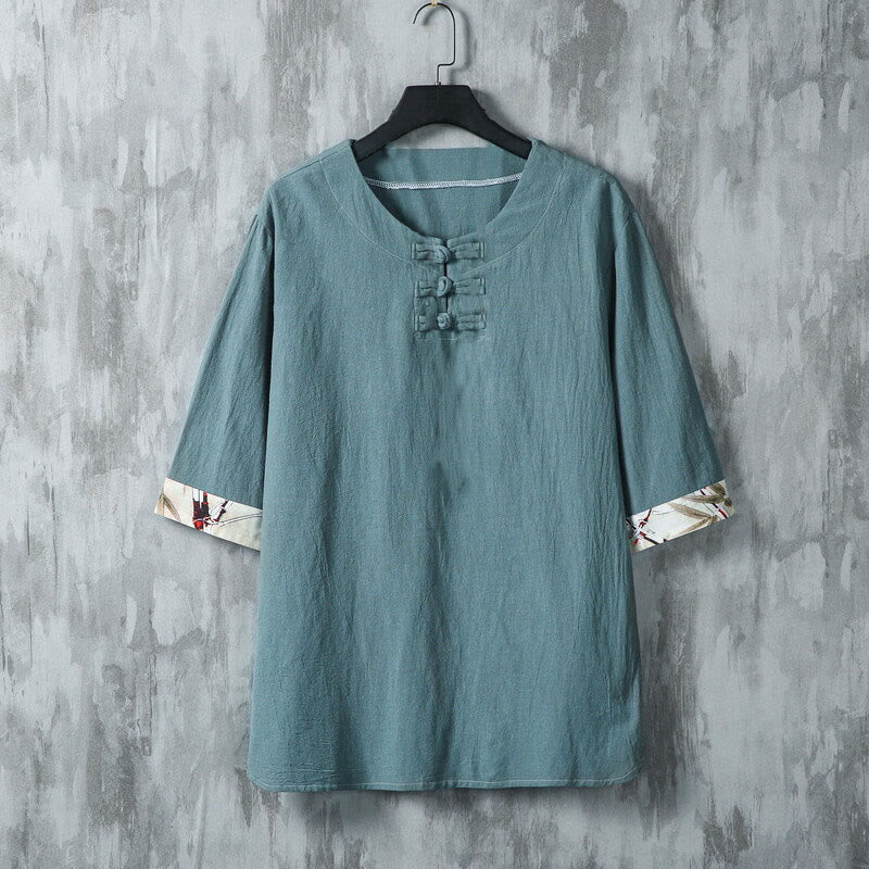 Camisa de lino para hombre de media manga con botones de rana y hojas de bambú amarillas de verano con Buddha Stones - Cian oscuro - US/UK/AU46, EU56 (5XL) - image 0