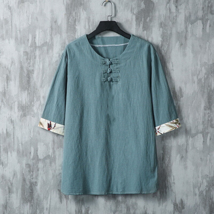 Camisa de lino para hombre de media manga con botones de rana y hojas de bambú amarillas de verano con Buddha Stones - Cian oscuro - US/UK/AU46, EU56 (5XL) - image 0