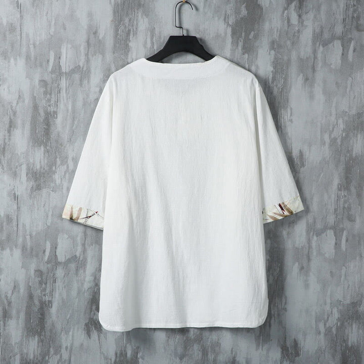 Camisa de lino para hombre de media manga con botones de rana y hojas de bambú amarillas de verano con Buddha Stones