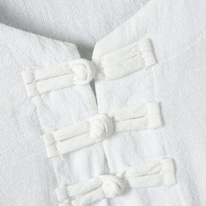 Camisa de lino para hombre de media manga con botones de rana y hojas de bambú amarillas de verano con Buddha Stones - image 3