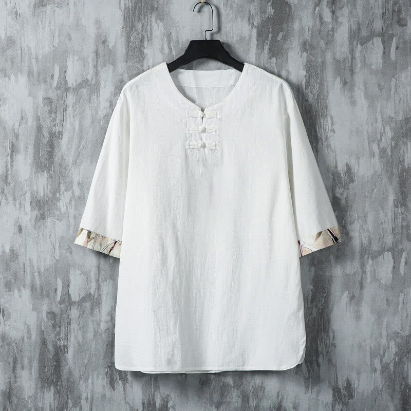 Camisa de lino para hombre de media manga con botones de rana y hojas de bambú amarillas de verano con Buddha Stones - Blanco - US/UK/AU46, EU56 (5XL) - image 1