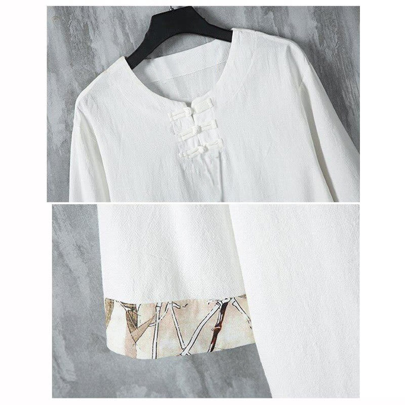 Camisa de lino para hombre de media manga con botones de rana y hojas de bambú amarillas de verano con Buddha Stones - image 4