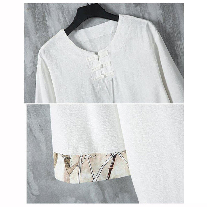 Camisa de lino para hombre de media manga con botones de rana y hojas de bambú amarillas de verano con Buddha Stones - image 4