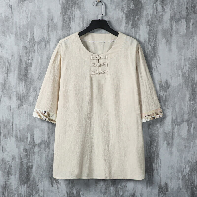 Camisa de lino para hombre de media manga con botones de rana y hojas de bambú amarillas de verano con Buddha Stones - Lino - US/UK/AU46, EU56 (5XL) - image 7