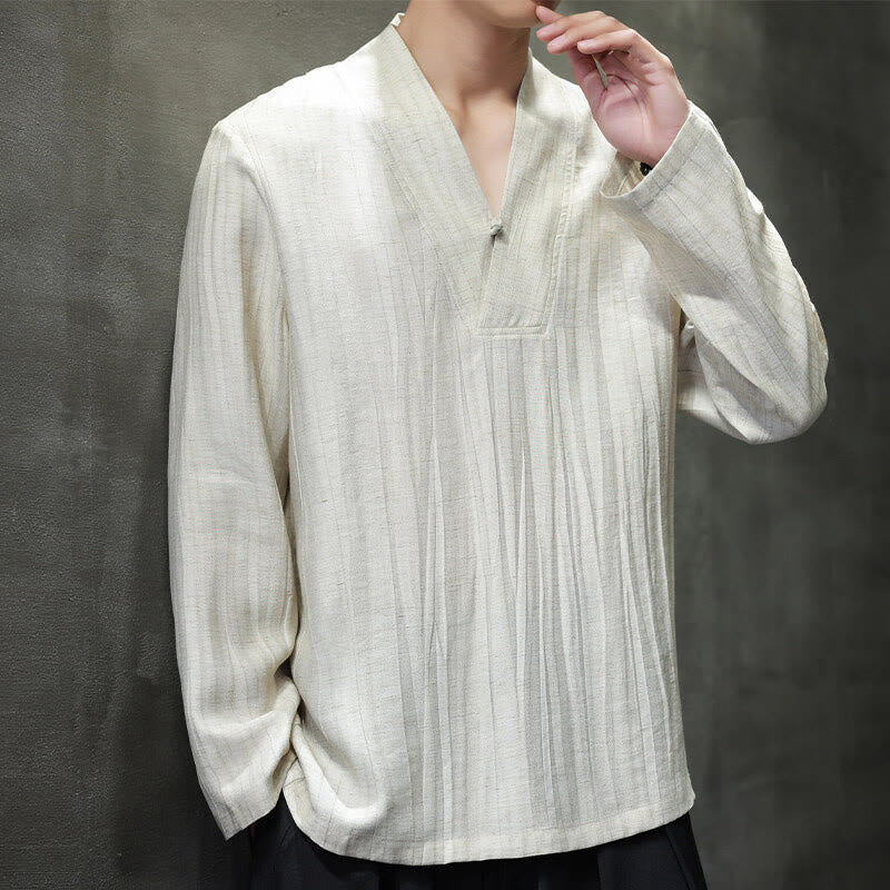 Camisa de lino para hombre de manga larga con cuello en V y estampado de Buddha Stones - image 10