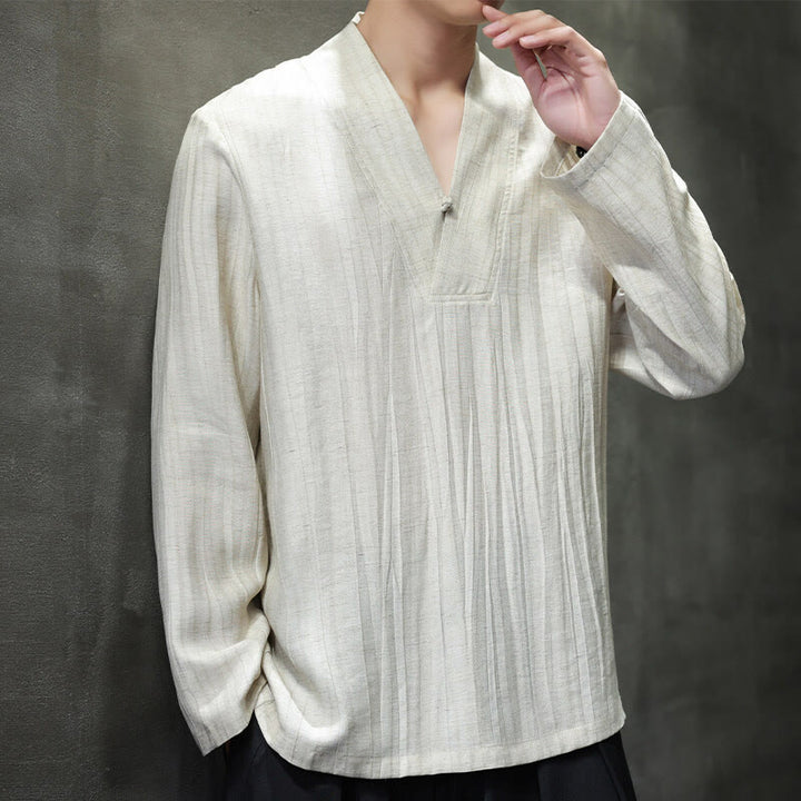 Camisa de lino para hombre de manga larga con cuello en V y estampado de Buddha Stones - image 10