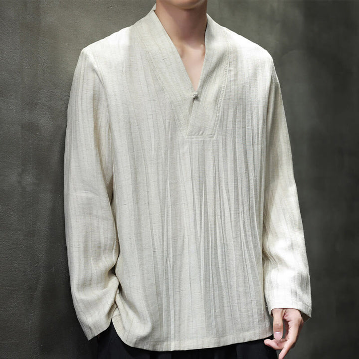 Camisa de lino para hombre de manga larga con cuello en V y estampado de Buddha Stones - Lino - US/UK/AU46, EU56 (5XL) - image 9