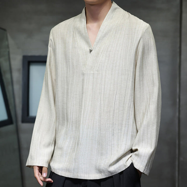 Camisa de lino para hombre de manga larga con cuello en V y estampado de Buddha Stones - image 11