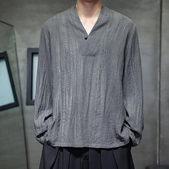 Camisa de lino para hombre de manga larga con cuello en V y estampado de Buddha Stones - image 3