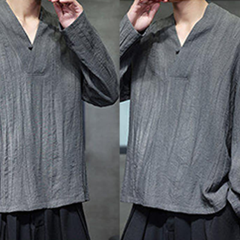 Camisa de lino para hombre de manga larga con cuello en V y estampado de Buddha Stones - image 8