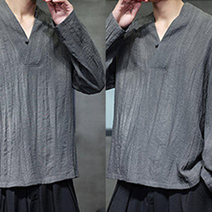 Camisa de lino para hombre de manga larga con cuello en V y estampado de Buddha Stones - image 8