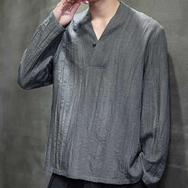 Camisa de lino para hombre de manga larga con cuello en V y estampado de Buddha Stones - image 5