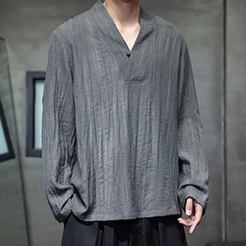 Camisa de lino para hombre de manga larga con cuello en V y estampado de Buddha Stones - image 7