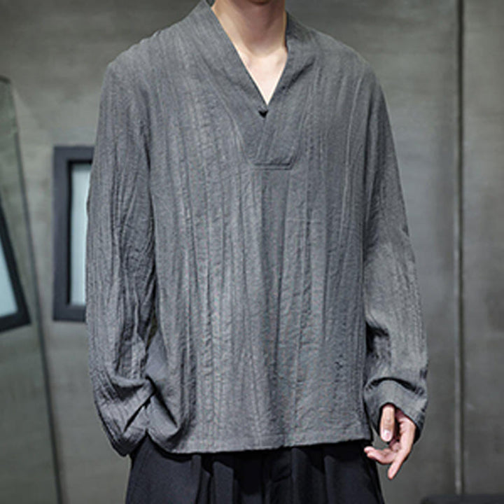 Camisa de lino para hombre de manga larga con cuello en V y estampado de Buddha Stones - image 7