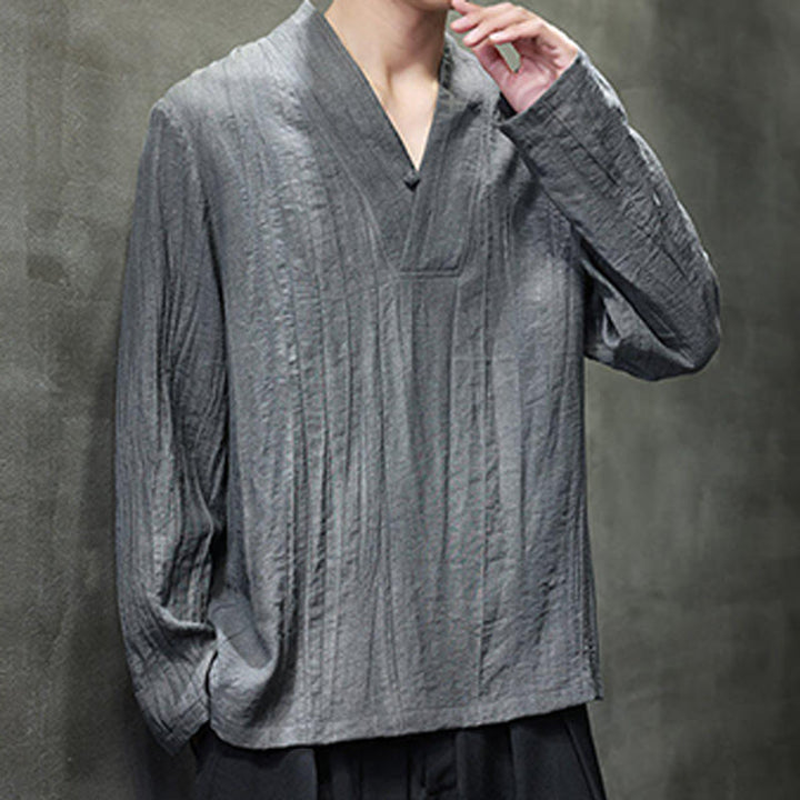 Camisa de lino para hombre de manga larga con cuello en V y estampado de Buddha Stones - image 6