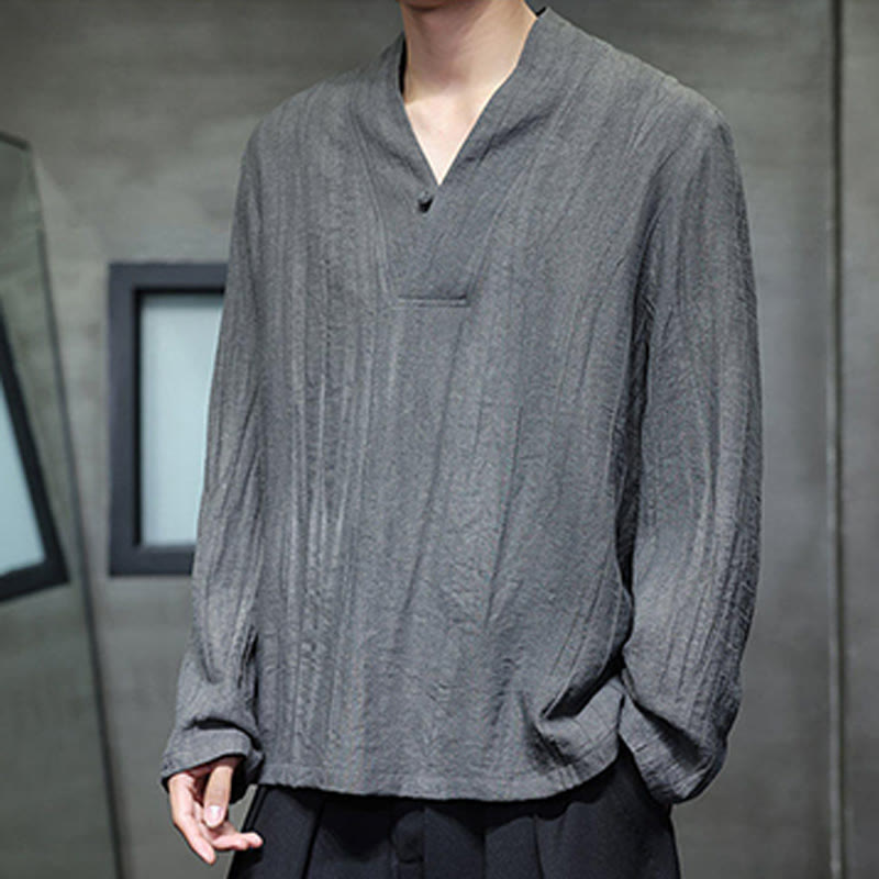 Camisa de lino para hombre de manga larga con cuello en V y estampado de Buddha Stones - image 4