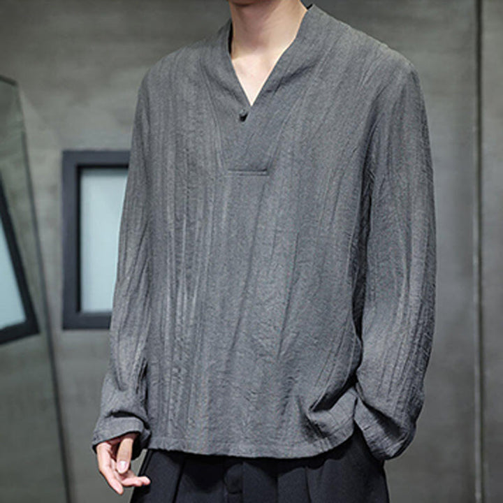 Camisa de lino para hombre de manga larga con cuello en V y estampado de Buddha Stones - image 4