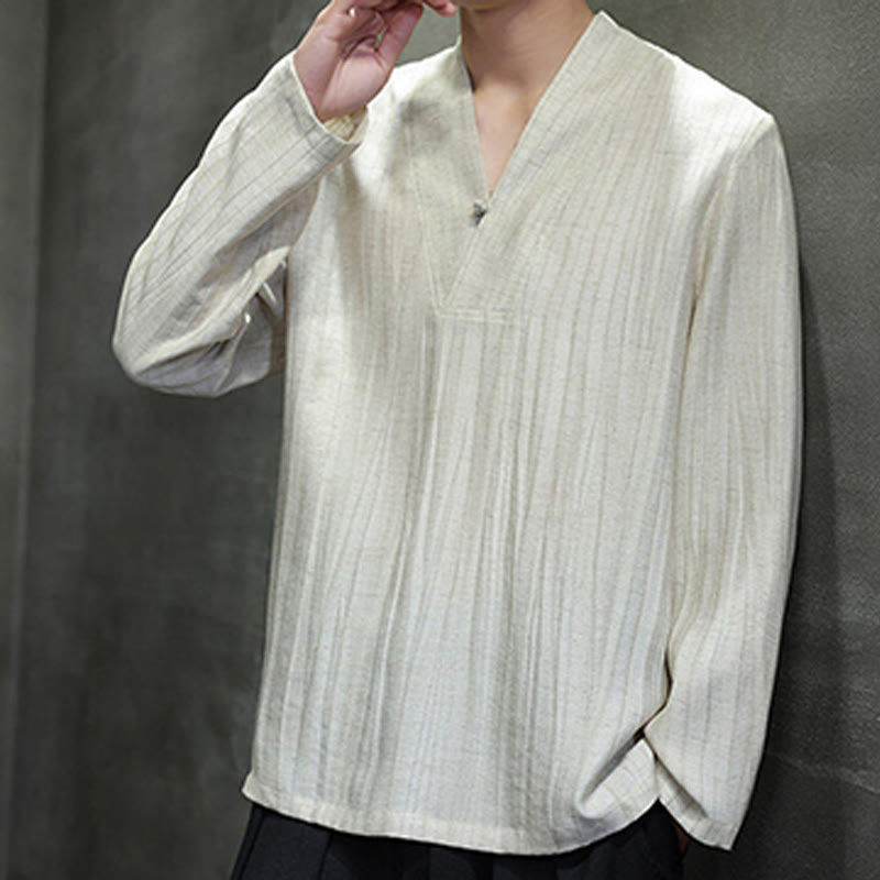 Camisa de lino para hombre de manga larga con cuello en V y estampado de Buddha Stones - image 16