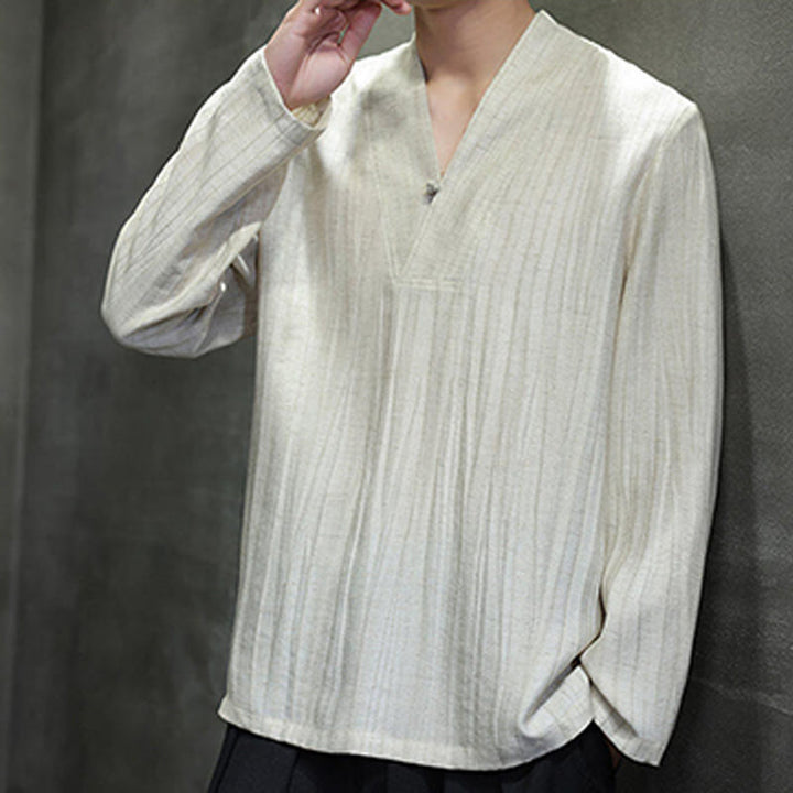 Camisa de lino para hombre de manga larga con cuello en V y estampado de Buddha Stones - image 16