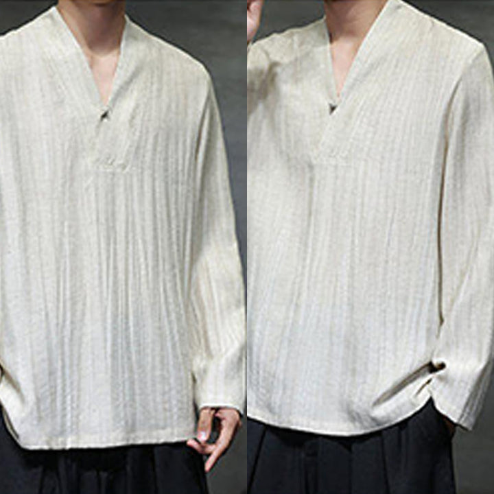 Camisa de lino para hombre de manga larga con cuello en V y estampado de Buddha Stones - image 14