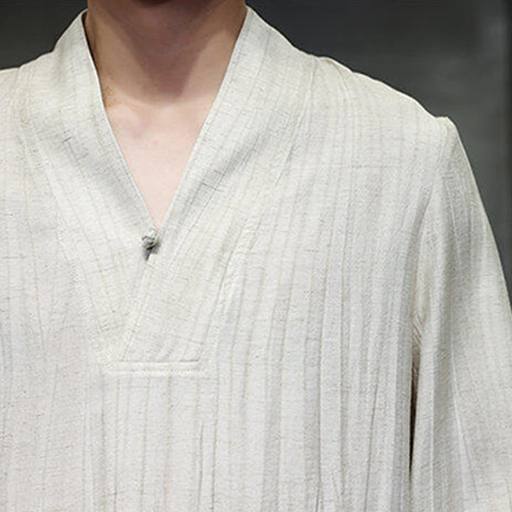 Camisa de lino para hombre de manga larga con cuello en V y estampado de Buddha Stones - image 18