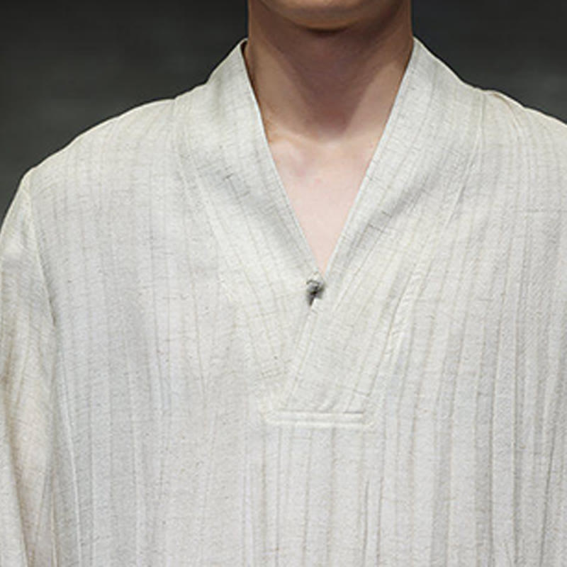 Camisa de lino para hombre de manga larga con cuello en V y estampado de Buddha Stones - image 17