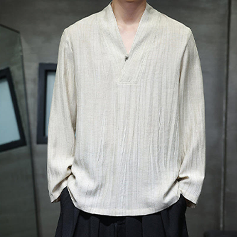 Camisa de lino para hombre de manga larga con cuello en V y estampado de Buddha Stones - image 12