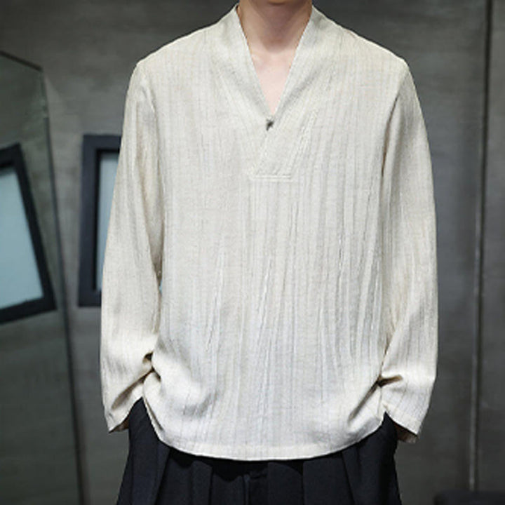 Camisa de lino para hombre de manga larga con cuello en V y estampado de Buddha Stones - image 12