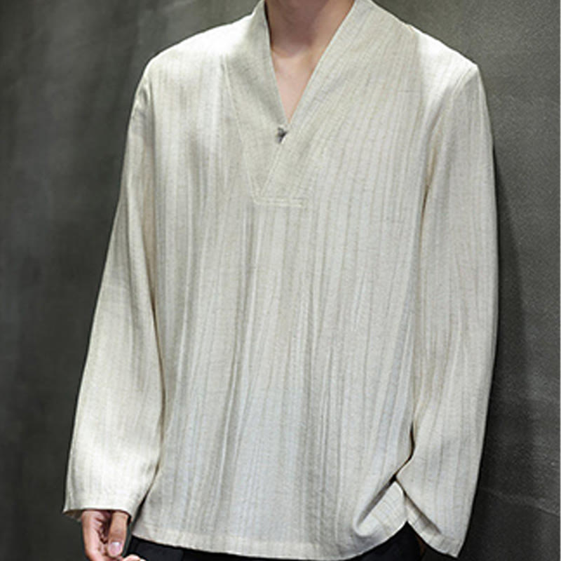 Camisa de lino para hombre de manga larga con cuello en V y estampado de Buddha Stones - image 15