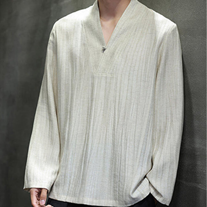 Camisa de lino para hombre de manga larga con cuello en V y estampado de Buddha Stones - image 15