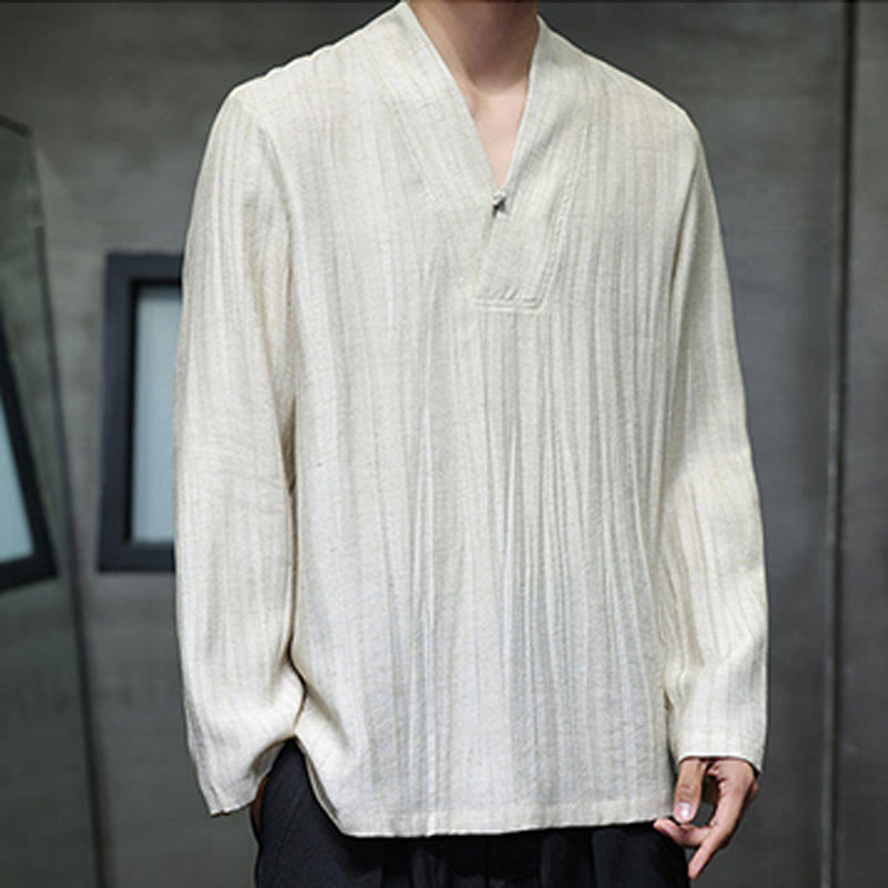 Camisa de lino para hombre de manga larga con cuello en V y estampado de Buddha Stones - image 13