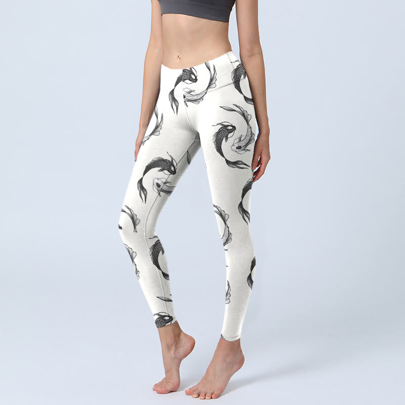 Leggings de yoga para mujer con estampado de pez koi y yin yang con piedras de Buddha Stones - Blanco - US18，UK/AU22，EU50 (4XL) - image 1