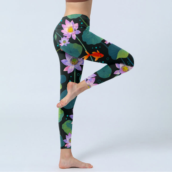 Leggings de yoga para mujer con estampado de flores de loto moradas y hojas de loto, Buddha Stones y peces koi - image 5