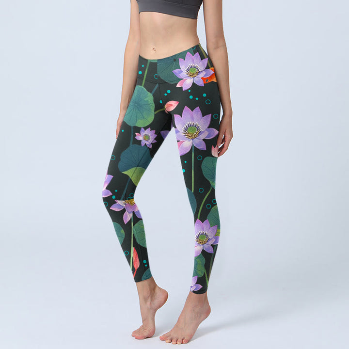 Leggings de yoga para mujer con estampado de flores de loto moradas y hojas de loto, Buddha Stones y peces koi - Negro - US18，UK/AU22，EU50 (4XL) - image 1