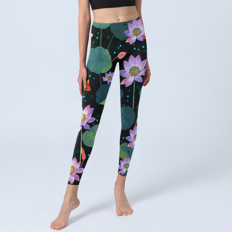 Leggings de yoga para mujer con estampado de flores de loto moradas y hojas de loto, Buddha Stones y peces koi - image 5