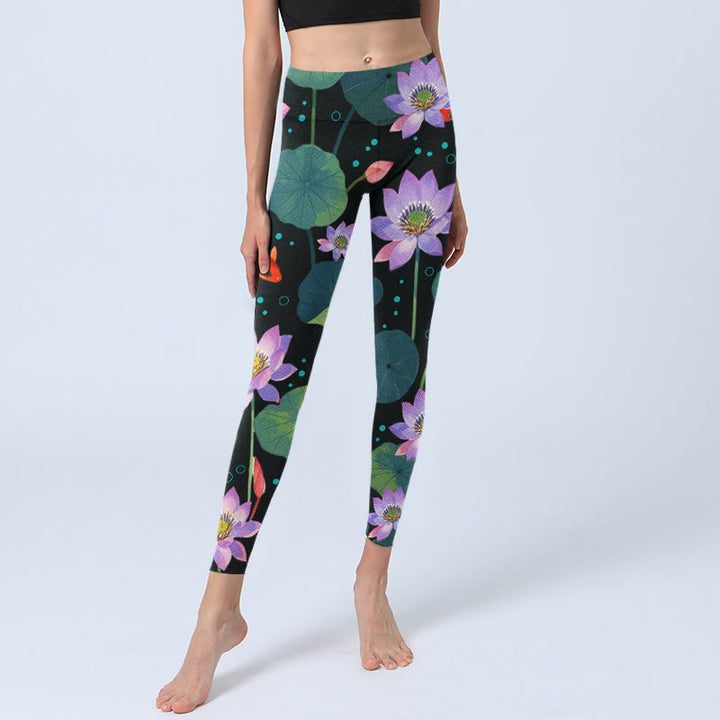 Leggings de yoga para mujer con estampado de flores de loto moradas y hojas de loto, Buddha Stones y peces koi - image 5