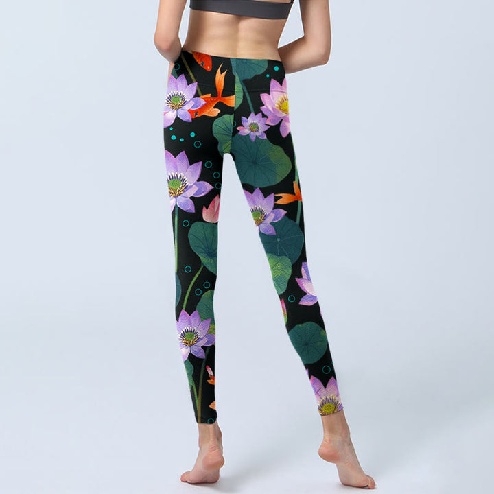 Leggings de yoga para mujer con estampado de flores de loto moradas y hojas de loto, Buddha Stones y peces koi - image 7
