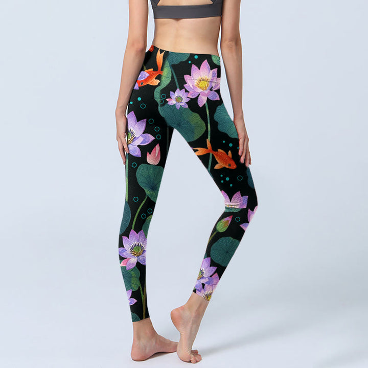 Leggings de yoga para mujer con estampado de flores de loto moradas y hojas de loto, Buddha Stones y peces koi - image 4