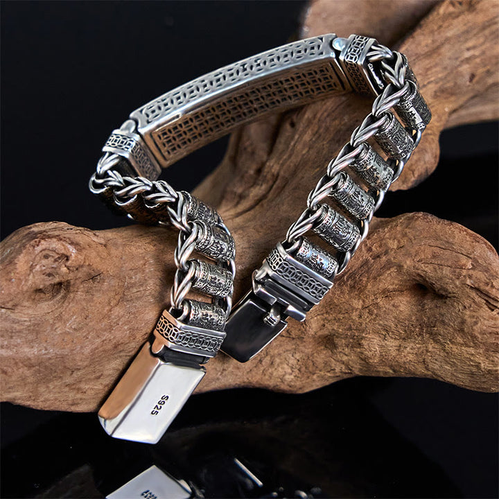 Pulsera de metal con Buddha Stones, hebilla de cobre tibetano, rueda de oración, Sutra del Corazón, Pi Xiu