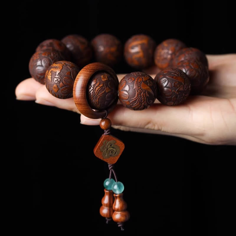 Pulsera cálida con cuentas de palisandro y calabaza con talla natural de dragón y fénix Fu