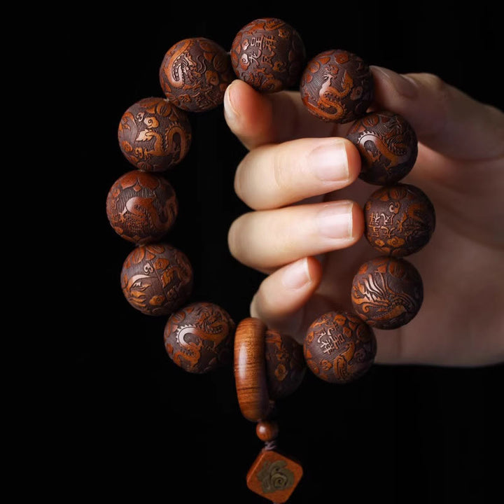Pulsera cálida con cuentas de palisandro y calabaza con talla natural de dragón y fénix Fu