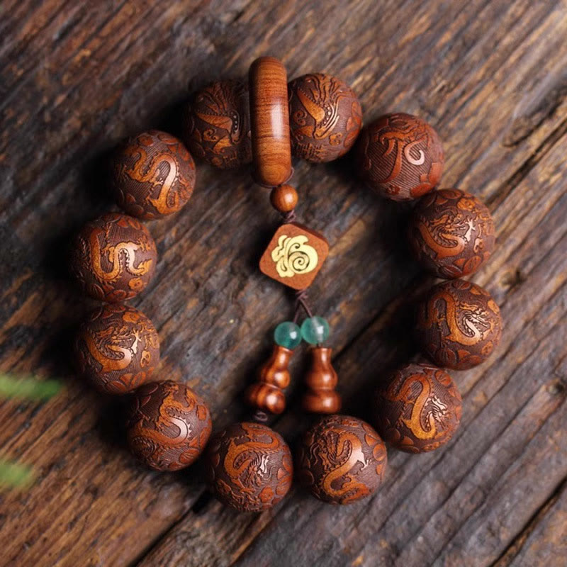 Pulsera cálida con cuentas de palisandro y calabaza con talla natural de dragón y fénix Fu