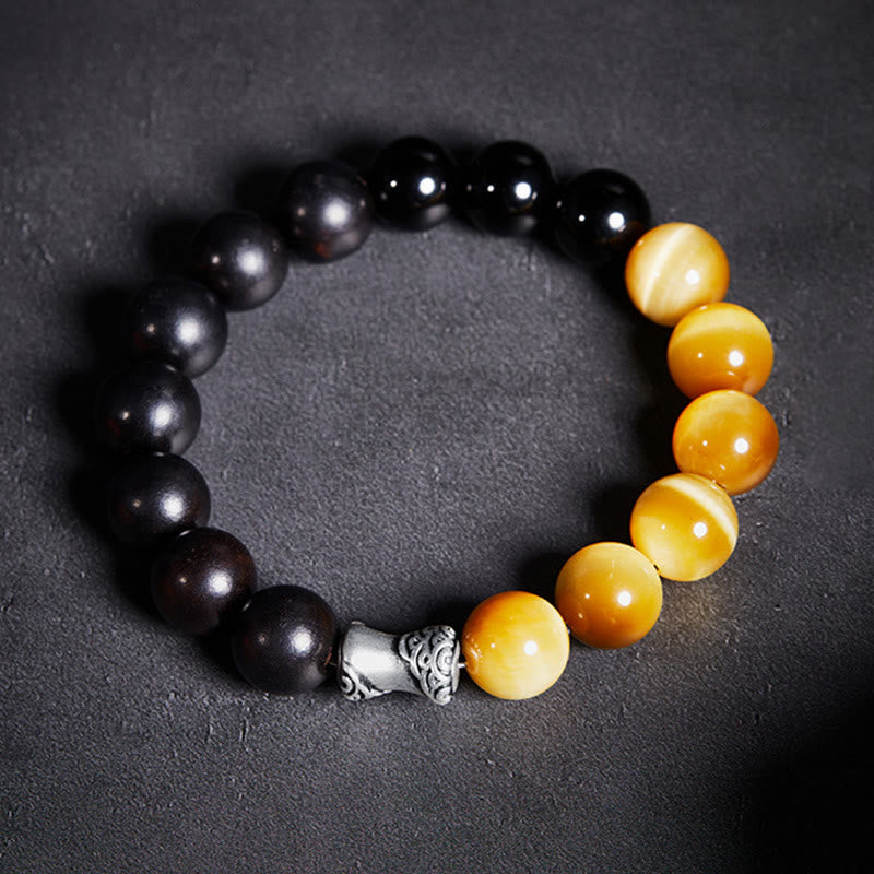 Pulsera relajante de obsidiana negra, ébano y ojo de tigre de plata de ley 999 con Buddha Stones - image 2