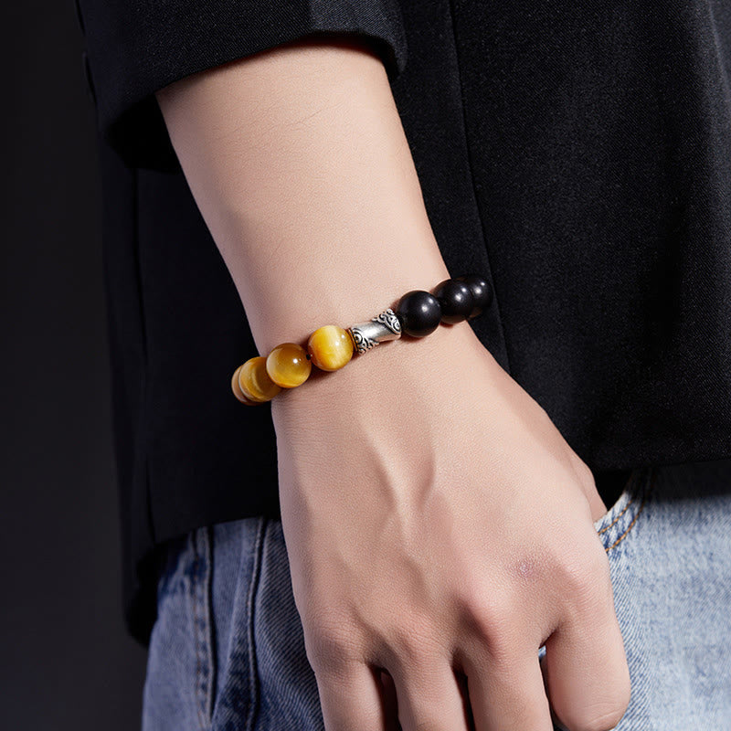 Pulsera relajante de obsidiana negra, ébano y ojo de tigre de plata de ley 999 con Buddha Stones