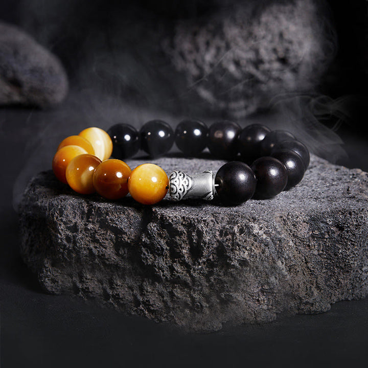 Pulsera relajante de obsidiana negra, ébano y ojo de tigre de plata de ley 999 con Buddha Stones - Ébano (circunferencia de la muñeca: 18-20 cm) - image 0