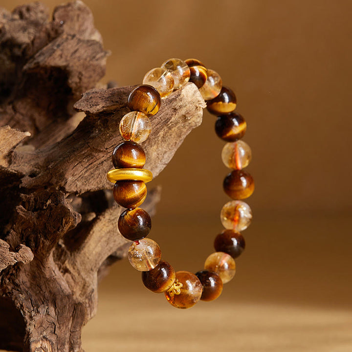 Pulsera de protección con hebilla de paz y citrino natural de ojo de tigre en plata de ley 999 de Buddha Stones