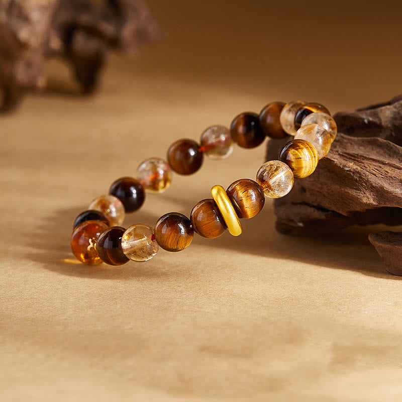 Pulsera de protección con hebilla de paz y citrino natural de ojo de tigre en plata de ley 999 de Buddha Stones