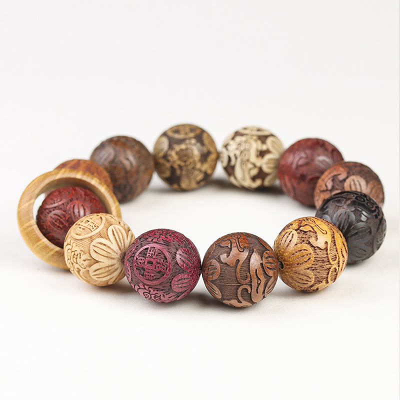 Pulsera curativa con Buddha Stones talladas en sándalo, símbolo del zodíaco chino, dragón auspicioso, fénix y Fu.