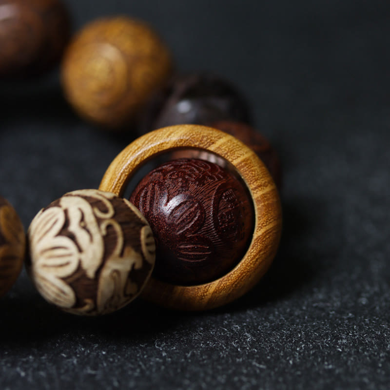 Pulsera curativa con Buddha Stones talladas en sándalo, símbolo del zodíaco chino, dragón auspicioso, fénix y Fu.